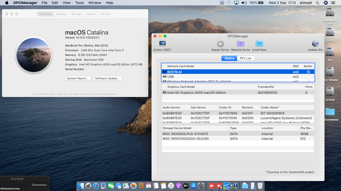 Success Hackintosh macOS Catalina 10.15.6 Build 19G2021 at HP Elitebook 2570P